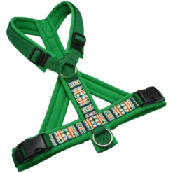 BUMER BOHO Hundegeschirr, gepolstert mit geteiltem Bruststeg, Zwischengröße M/L, Gurtband Grün, Softshell Farngrün, Ringe silberfarbig (Edelstahl), Schnallen DURAFLEX®