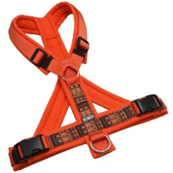 BUMER BOHO Hundegeschirr, gepolstert mit geteiltem Bruststeg, Zwischengröße M/L, Gurtband PREMIUM Scarlett Essence, Softshell Kürbisorange, Ringe silberfarbig (Edelstahl), Schnallen DURAFLEX®