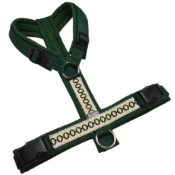 BUMER BOHO Hundegeschirr, gepolstert ohne geteilten Bruststeg, Zwischengröße M/L, Gurtband Dunkelgrün, Softshell Smaragdgrün, Ringe silberfarbig (Edelstahl), Schnallen DURAFLEX®