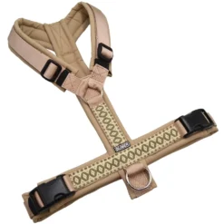 BUMER BOHO Hundegeschirr, gepolstert ohne geteilten Bruststeg, Zwischengröße M/L, Gurtband PREMIUM Soft Beige, Softshell Sandgrege, Ringe silberfarbig (Edelstahl), Schnallen DURAFLEX®