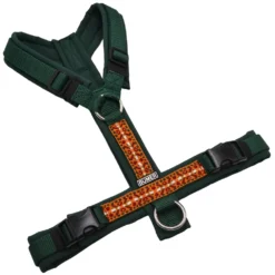 BUMER BOHO Hundegeschirr, gepolstert ohne geteilten Bruststeg, Zwischengrösse S/M, Gurtband Dunkelgrün, Softshell Tanne, Ringe silberfarbig (Edelstahl), Schnallen DURAFLEX®