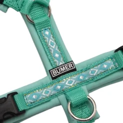 BUMER BOHO Hundegeschirr, gepolstert ohne geteilten Bruststeg, Zwischengröße XXS XS, Gurtband Mint, Softshell Jadenluft, Ringe silberfarbig (Edelstahl), Schnallen DURAFLEX®