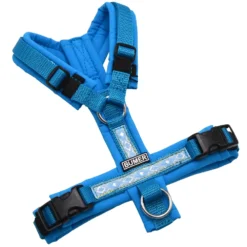 BUMER BOHO Hundegeschirr, gepolstert ohne geteilten Bruststeg, Zwischengröße XXS XS, Gurtband Petrol, Softshell Eisvogelblau, Ringe silberfarbig (Edelstahl), Schnallen DURAFLEX®
