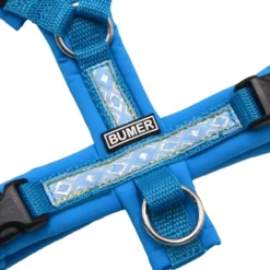 BUMER BOHO Hundegeschirr, gepolstert ohne geteilten Bruststeg, Zwischengröße XXS XS, Gurtband Petrol, Softshell Eisvogelblau, Ringe silberfarbig (Edelstahl), Schnallen DURAFLEX®
