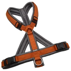 BUMER Hundegeschirr, gepolstert mit geteiltem Bruststeg, Größe L, Gurtband Hellbraun, MESH Dunkelgrau, Ringe silberfarbig (Edelstahl)