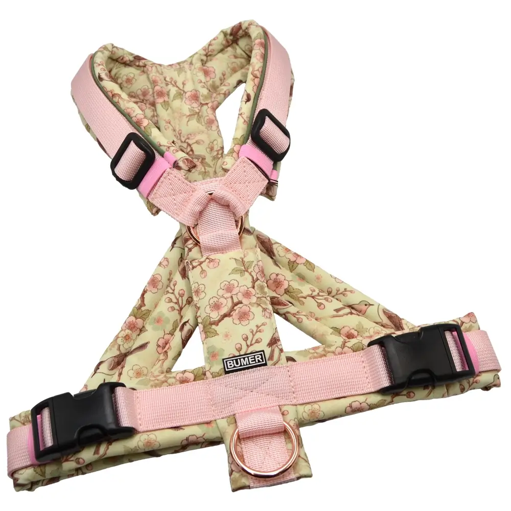 BUMER Hundegeschirr, gepolstert mit geteiltem Bruststeg, Größe M, Gurtband PREMIUM Blush Petal, Softshell Japanese Spring, Ringe rosegoldfarbig, Paspel Cactus Green, Applikation