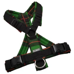 BUMER Hundegeschirr, gepolstert mit geteiltem Bruststeg, Größe XS, Gurtband PREMIUM Pitch Black, Softshell Jungle Jive (Tartanmotive), Ringe silberfarbig (Edelstahl), Schnallen DURAFLEX®