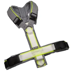 BUMER Hundegeschirr, gepolstert ohne geteilten Bruststeg, Größe M, Gurtband MULTICOLOR, Softshell grau REFLEX, Ringe silberfarbig (Edelstahl), Paspel neongelb (komplett)