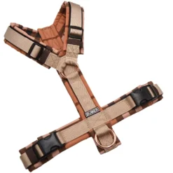 BUMER Hundegeschirr, gepolstert ohne geteilten Bruststeg, Grösse S, Gurtband PREMIUM Soft Beige, Softshell TARTAN 03, Ringe Rosegoldfarbig, Schnallen DURAFLEX®