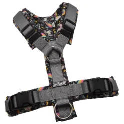 BUMER Hundegeschirr, gepolstert ohne geteilten Bruststeg, Größe XS, Gurtband PREMIUM Pearly Horizon, Softshell Einhorn Regenbogen, Ringe silberfarbig (Edelstahl)