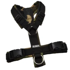 BUMER Hundegeschirr, gepolstert ohne geteilten Bruststeg, Größe XS, Gurtband PREMIUM Pitch Black, Softshell Mossy Maze, Ringe silberfarbig (Edelstahl)