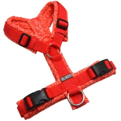 BUMER Hundegeschirr, gepolstert ohne geteilten Bruststeg, Größe XS, Gurtband PREMIUM X Feuerrot, Softshell KARAKUSA Rot, Ringe silberfarbig (Edelstahl)