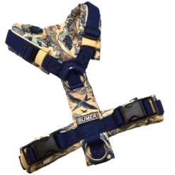 BUMER Hundegeschirr, gepolstert ohne geteilten Bruststeg, Größe XXS, Gurtband Navy, Softshell Dance of Waves, Ringe silberfarbig (Edelstahl), Applikation