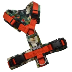 BUMER Hundegeschirr, gepolstert ohne geteilten Bruststeg, Größe XXS, Gurtband PREMIUM Scarlett Essence, Softshell Blossom Breath, Ringe silberfarbig (Edelstahl), Applikation