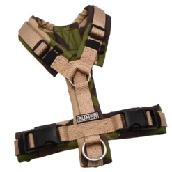 BUMER Hundegeschirr, gepolstert ohne geteilten Bruststeg, Größe XXS, Gurtband PREMIUM Soft Beige, Softshell Mossy Maze (TARNFARBEN), Ringe silberfarbig (Edelstahl)