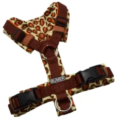 BUMER Hundegeschirr, gepolstert ohne geteilten Bruststeg, Größe XXS, Gurtband Rotbraun, Softshell Leopard (SAFARI), Ringe silberfarbig (Edelstahl)