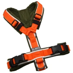 BUMER Hundegeschirr, ungepolstert ohne geteilten Bruststeg, Größe XXS, Gurtband Orange, Softshell Olive, Ringe schwarz (Edelstahl), Paspel weiss (komplett)