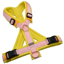 BUMER1000 Hundegeschirr, gepolstert mit geteilten Bruststeg, Größe M, Gurtband PREMIUM Blush Petal, Softshell Narzissengelb, Ringe rosegoldfarbig