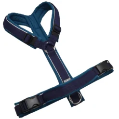 BUMER Hundegeschirr, gepolstert ohne geteilten Bruststeg, Größe L, Gurtband Dunkelnavy, Softshell Petrolshade, Ringe silberfarbig (Edelstahl), Schnallen schwarz (DURAFLEX®), Handgriff
