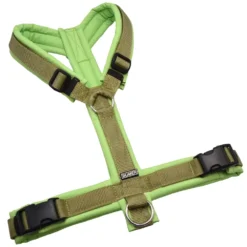 BUMER Hundegeschirr, gepolstert ohne geteilten Bruststeg, Größe L, Gurtband Moos, Softshell Pistacio Ice, Ringe silberfarbig (Edelstahl), Schnallen schwarz (DURAFLEX®)